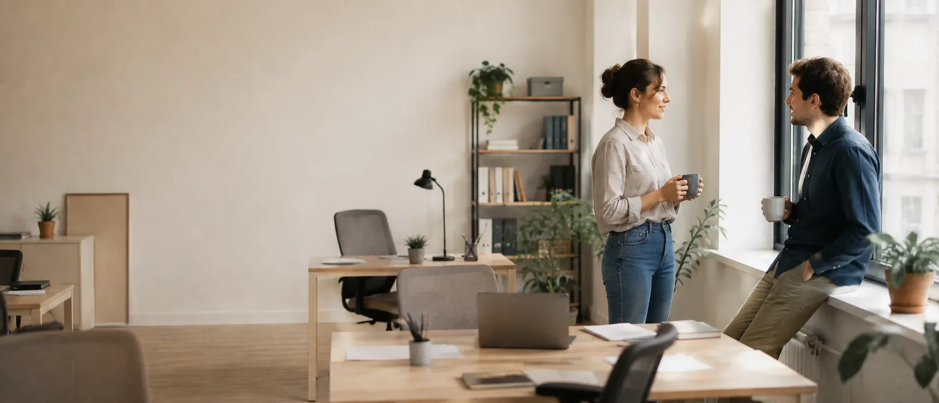 Pencere kenarında sohbet eden iki çalışan ve aydınlık ofis içi
