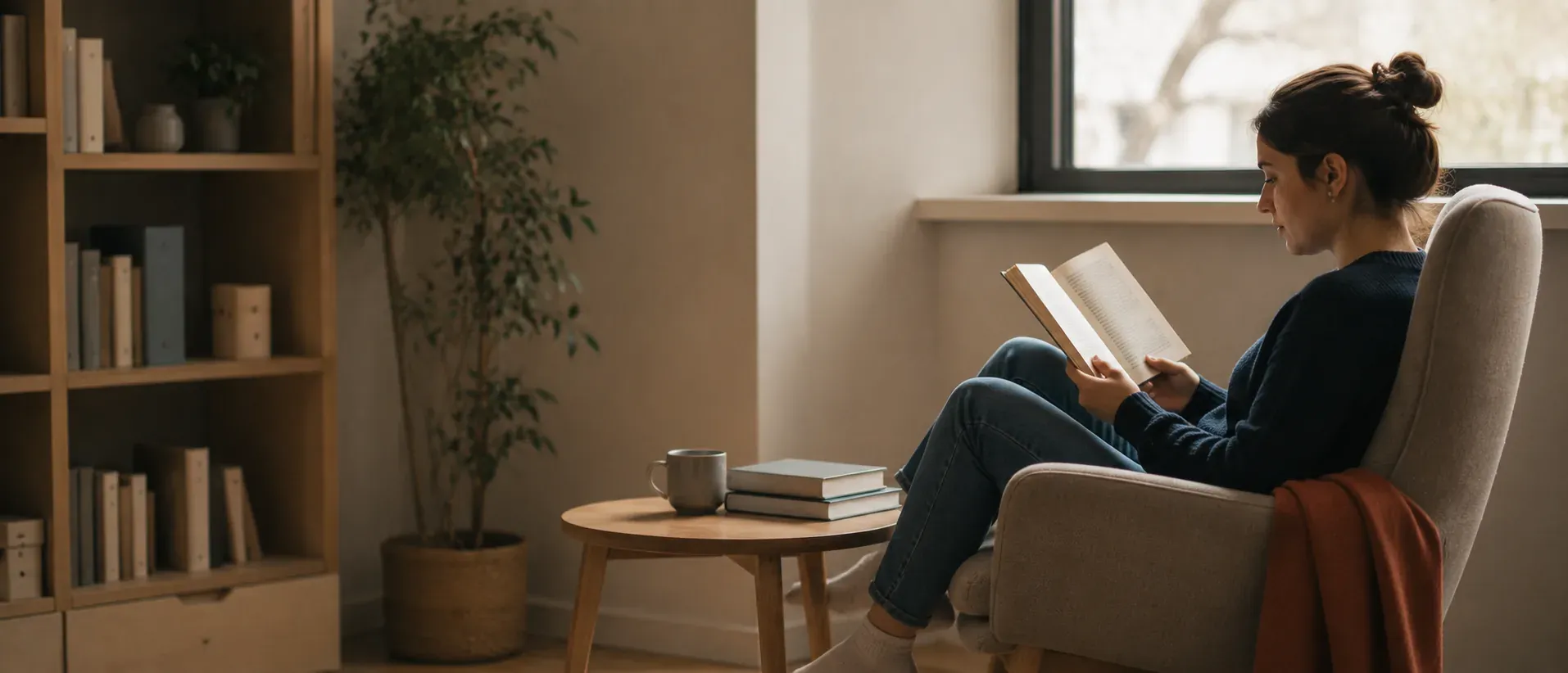 Pencere kenarındaki koltukta kitap okuyan kişi